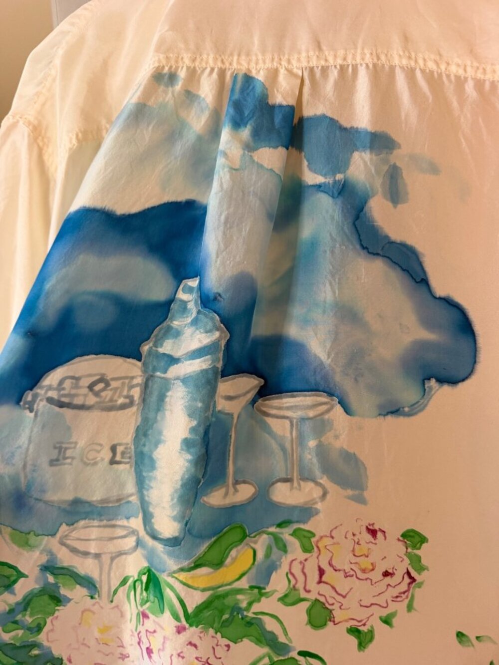 Handpainted Mens Cocktail Theme Relaxed-fit Collared Shirt Size XL Silk Coastal - Picture 7 of 12